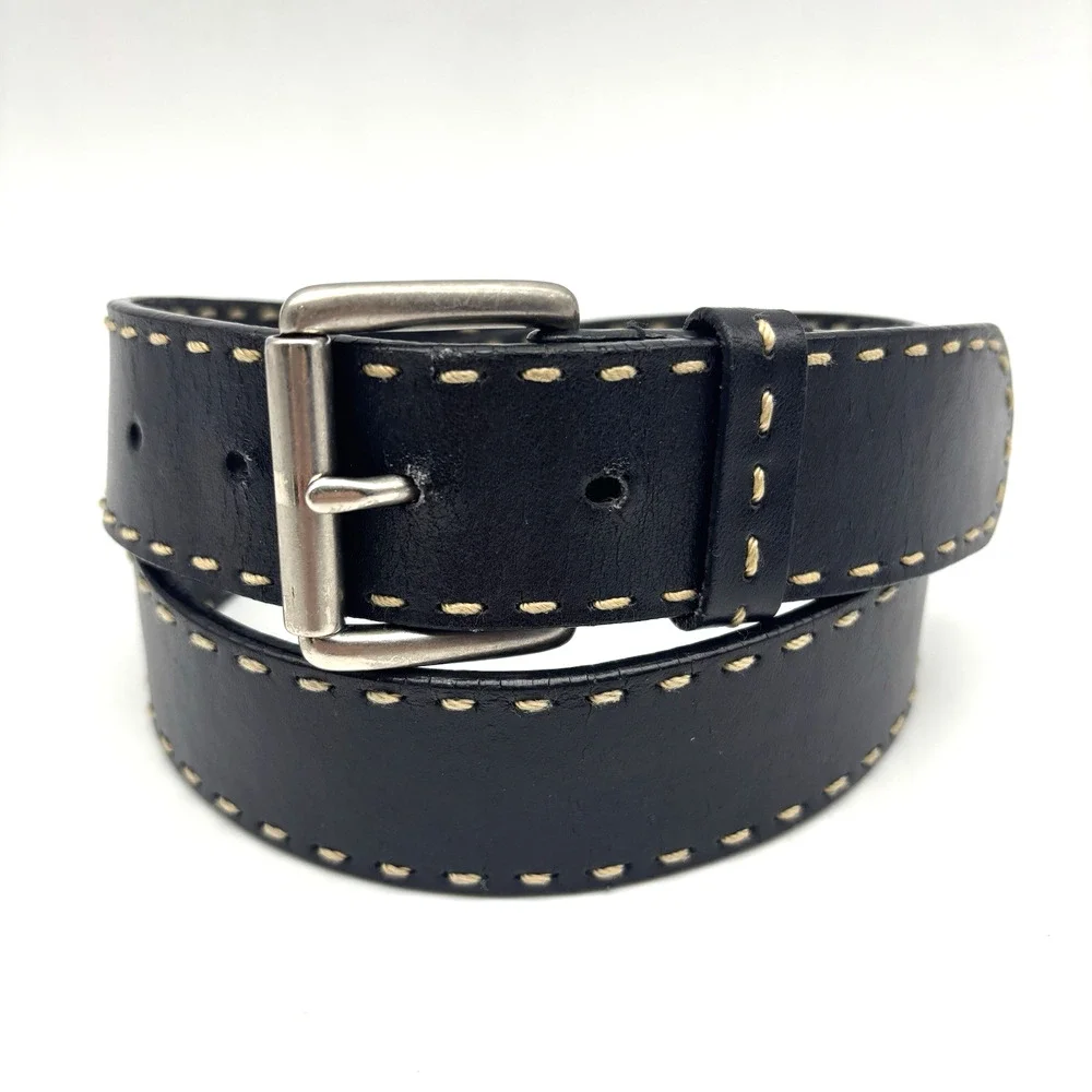 Vintage Y2K Anne Klein Black Leather Cream Contrast Stitching Belt M 30-34